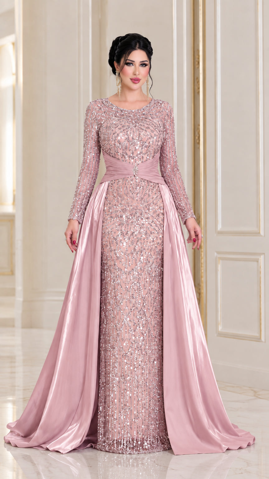 Dusty rose pink sequin formal gown with elegant satin overskirt