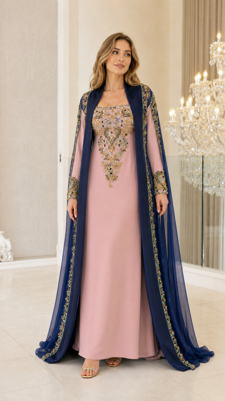 Model wearing Blush Pink embellished maxi dress with navy chiffon cape