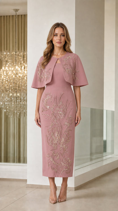 Dusty pink sequin embellished capelet midi sheath formal dress