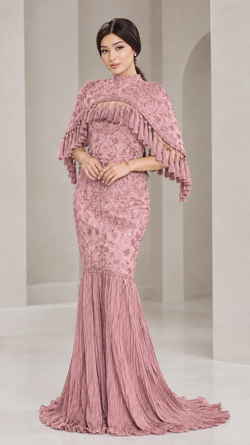 Front view of model wearing Dusty Pink embroidered cape mermaid evening dress