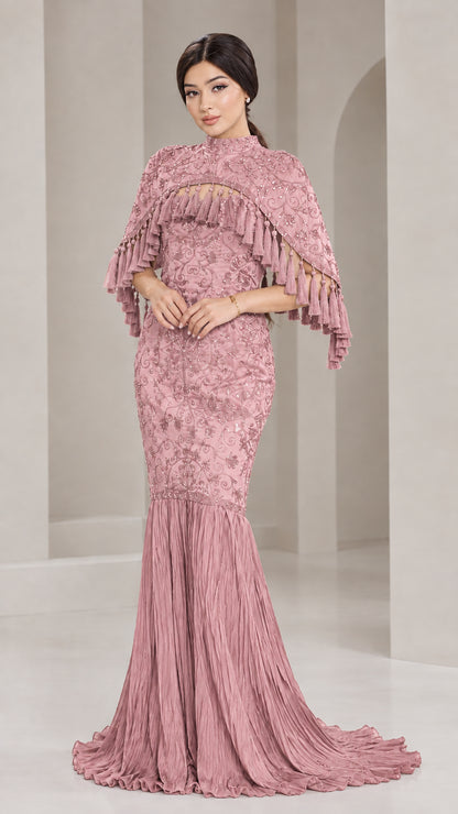 Front view of model wearing Dusty Pink embroidered cape mermaid evening dress