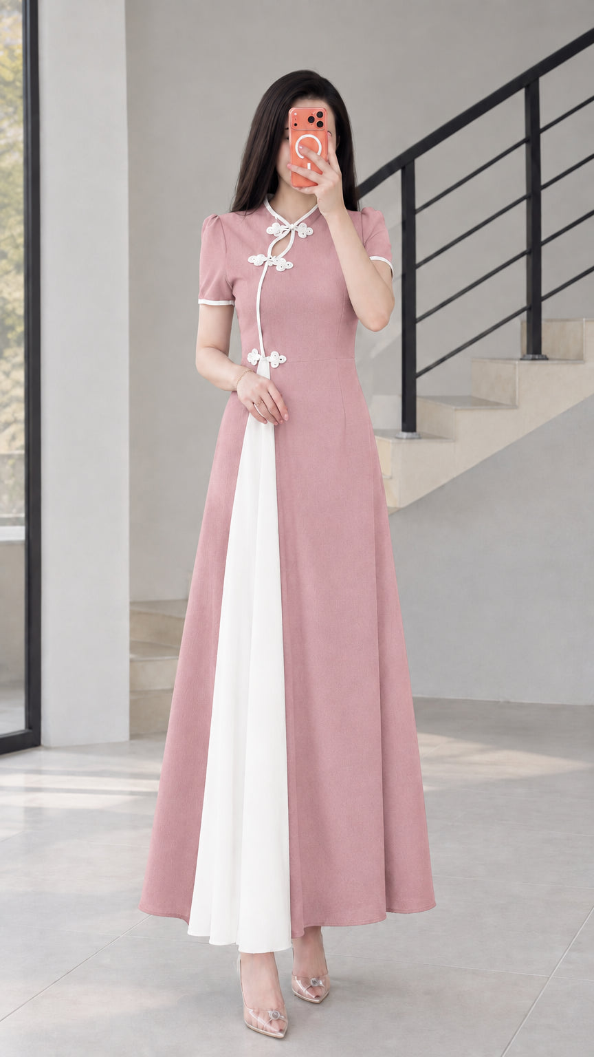 Front view of dusty pink modern cheongsam maxi dress with white contrast insert