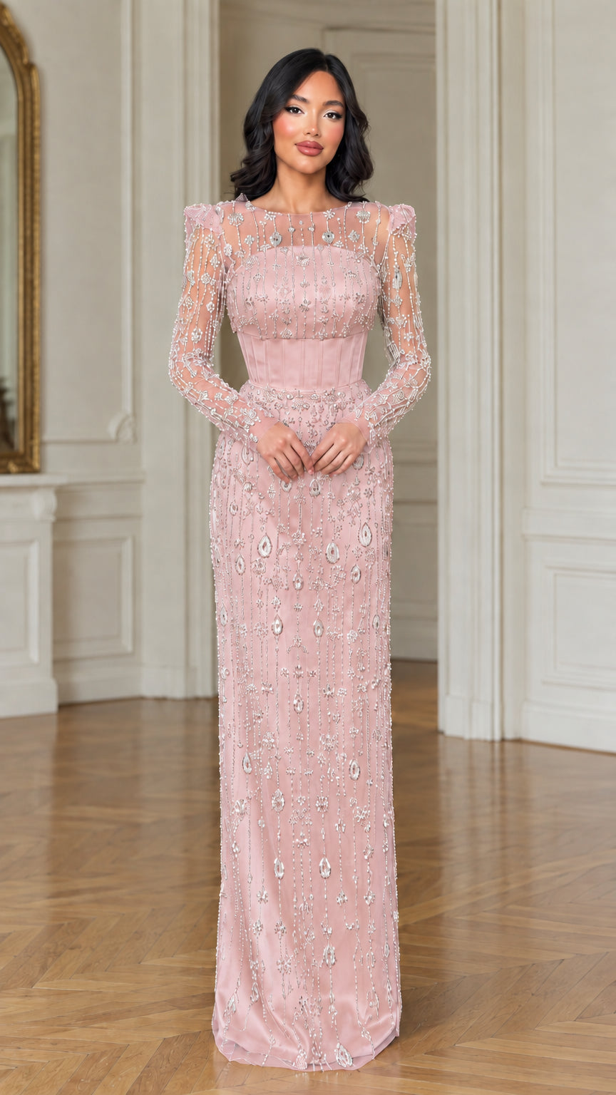 Model wearing dusty pink crystal embellished corset evening maxi dress