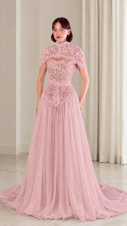 Dusty pink high neck floral lace evening gown