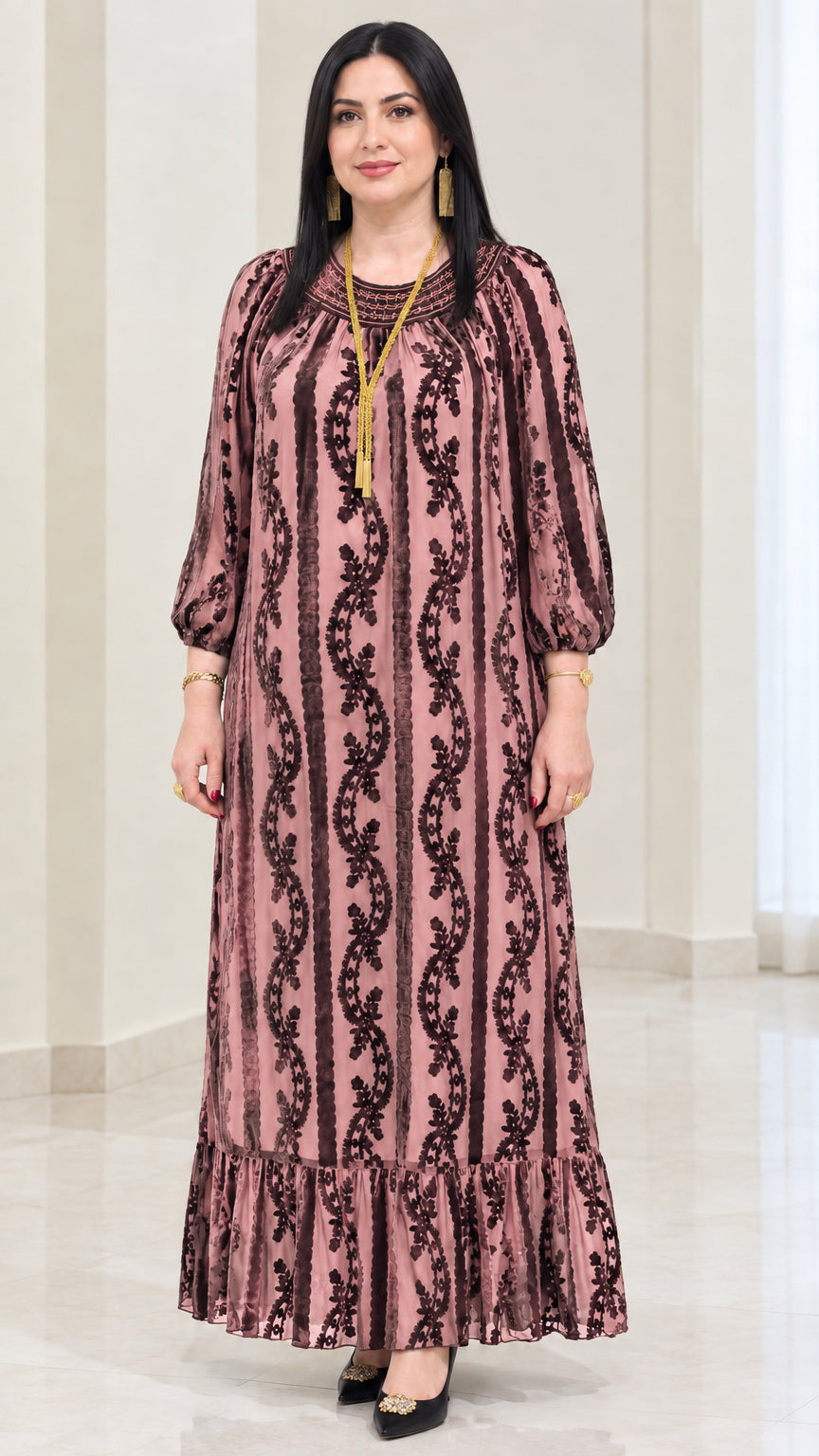 Dusty rose flocked velvet long sleeve maxi dress