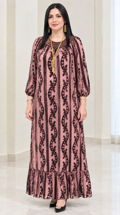 Dusty rose flocked velvet long sleeve maxi dress