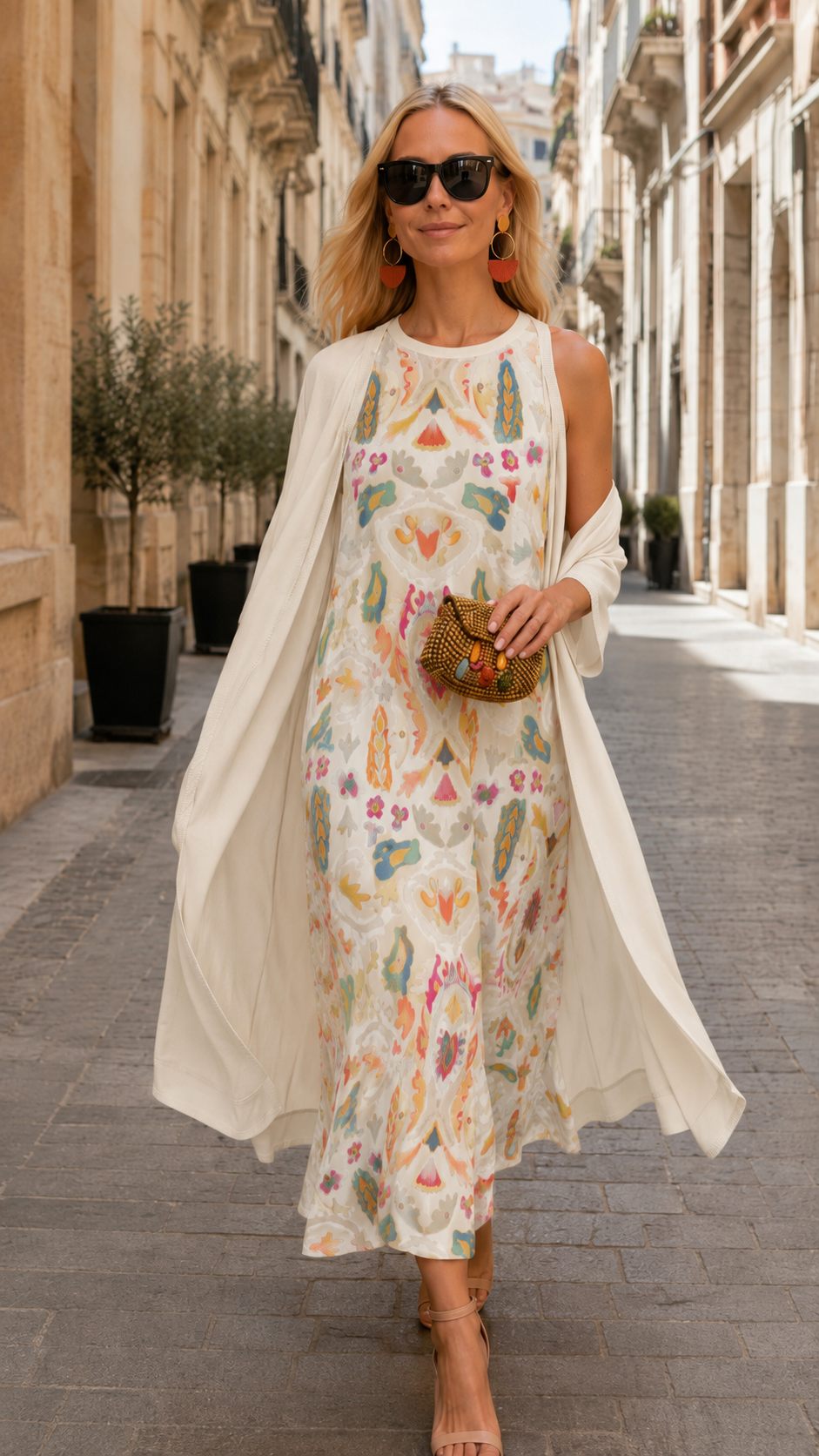 Ivory printed sleeveless maxi dress with ivory flowing open front cover up