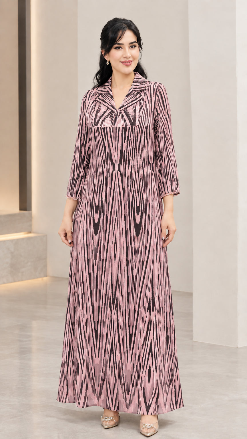 Dusty rose printed long sleeve maxi dress with sequin lapel