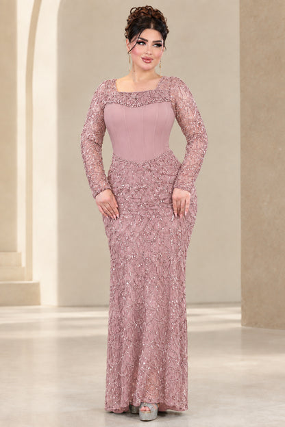 Dusty pink long sleeve beaded corset formal maxi gown front view