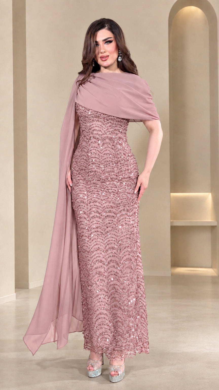 Dusty Rose sequined column dress with elegant flowing chiffon wrap