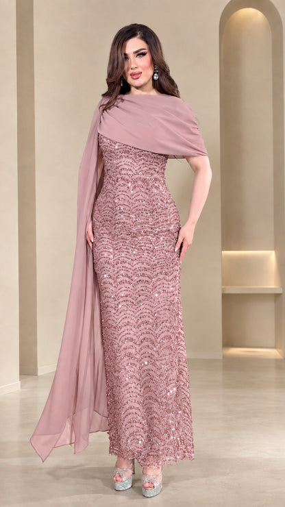 Dusty Rose sequined column dress with elegant flowing chiffon wrap