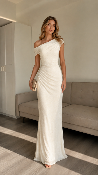 Ivory one-shoulder ruched shimmer maxi evening dress front view