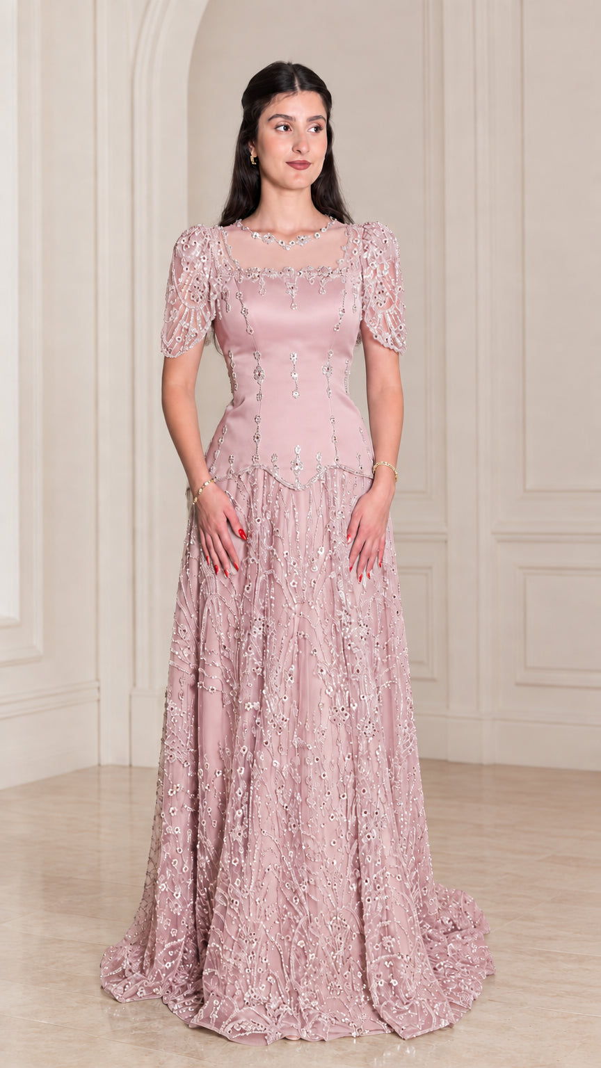 Model wearing elegant Dusty Pink embroidered formal evening dress