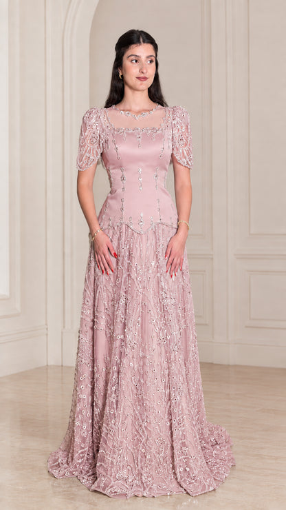 Model wearing elegant Dusty Pink embroidered formal evening dress