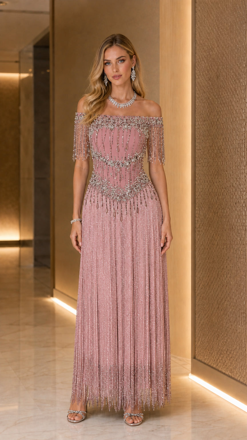 Model wearing Dusty Pink off-the-shoulder beaded fringe formal dress