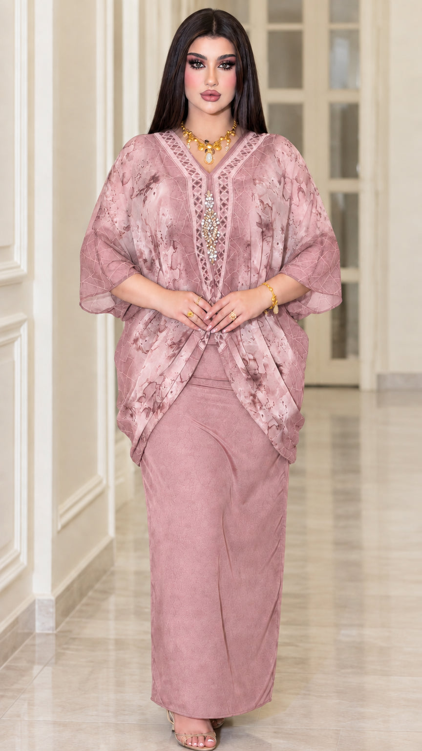 Model wearing dusty pink embellished chiffon kaftan maxi dress set