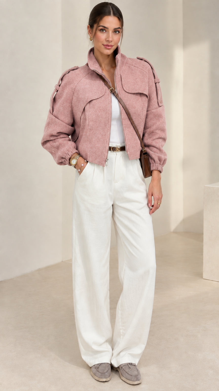 Dusty pink cropped zip-up utility jacket styled with white high-rise trousers