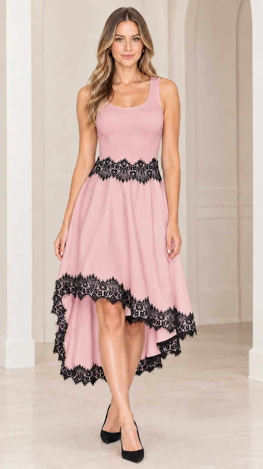 Front view of dusty pink sleeveless high-low dress with black lace trim