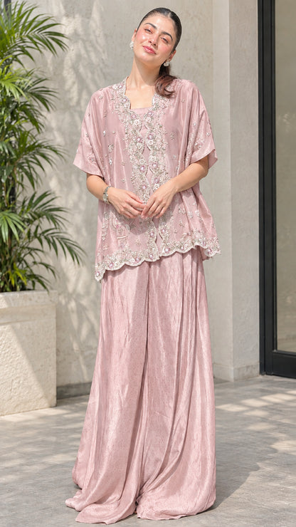 Dusty Pink shimmering embroidered co-ord set with wide leg pants