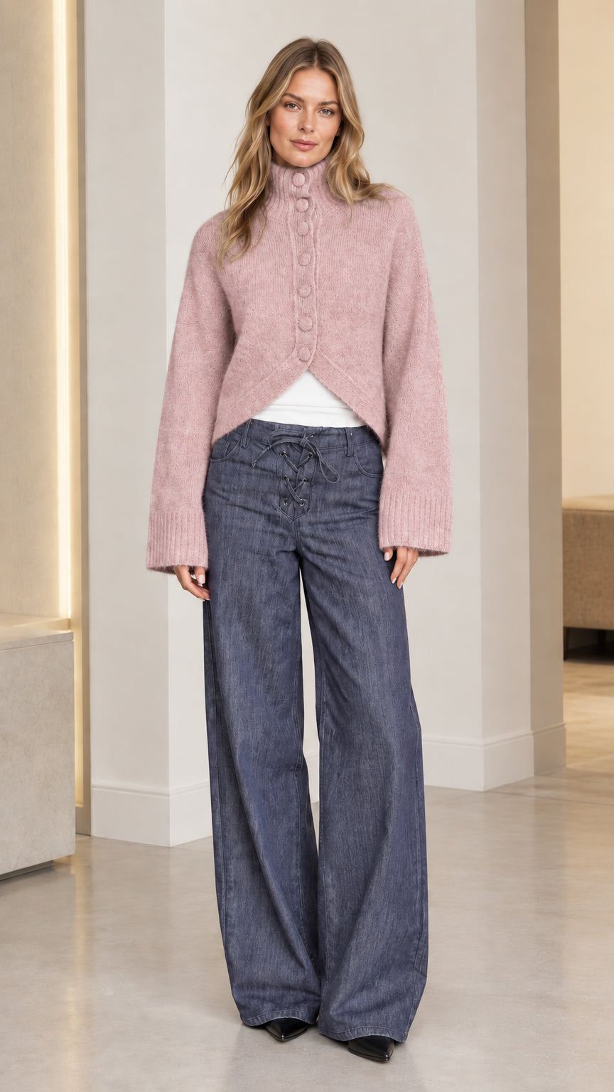 Women's dusty pink mock neck button-front knit sweater with cutaway hem