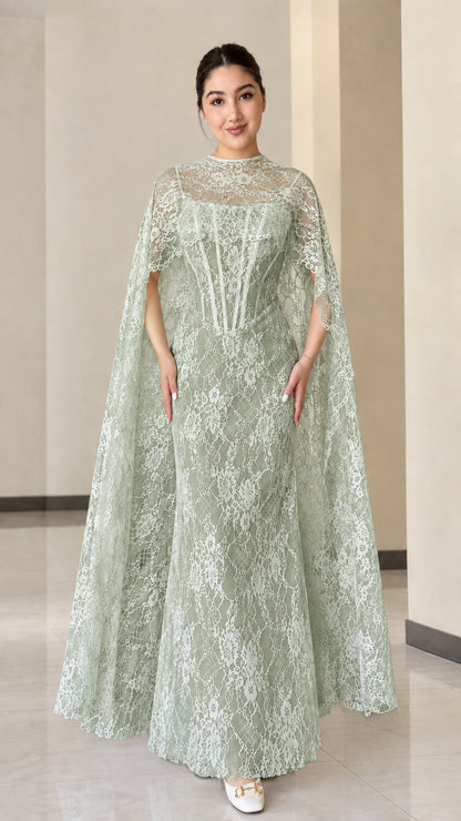 Sage green floral lace evening gown with draped lace capelet