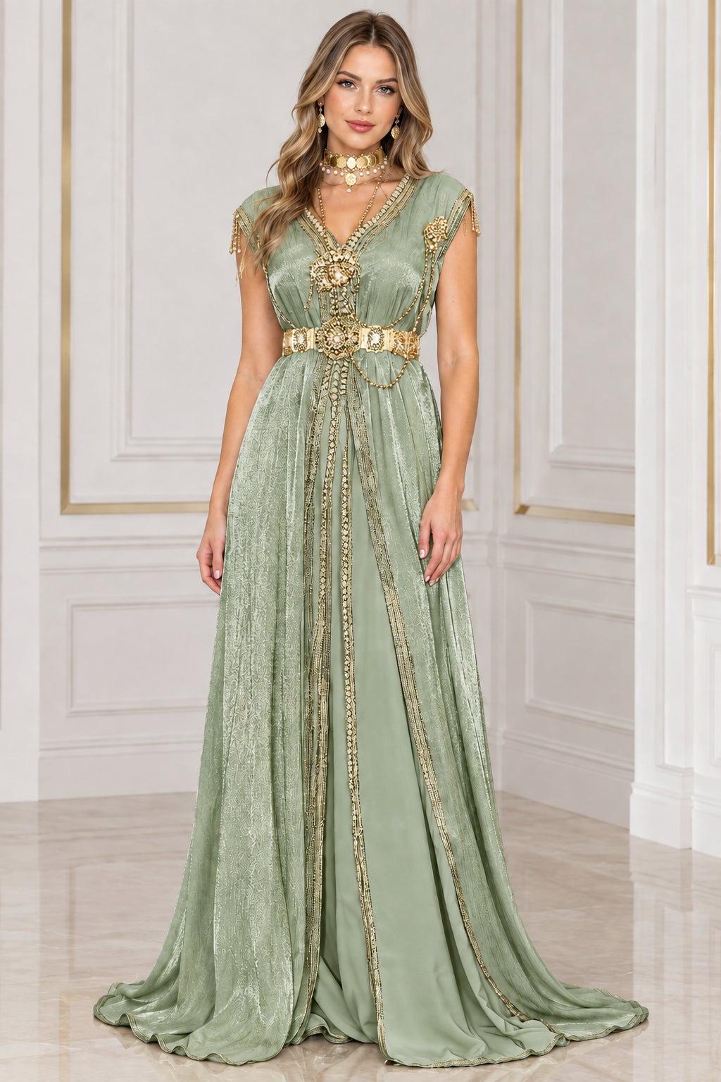 Sage Green Metallic Pleated Kaftan Gown with gold embellishments