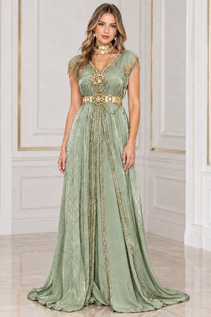 Sage Green Metallic Pleated Kaftan Gown with gold embellishments