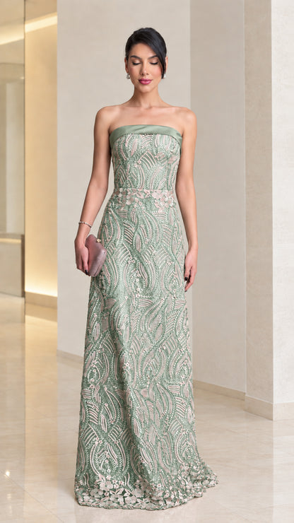Sage green embroidered strapless column maxi evening dress