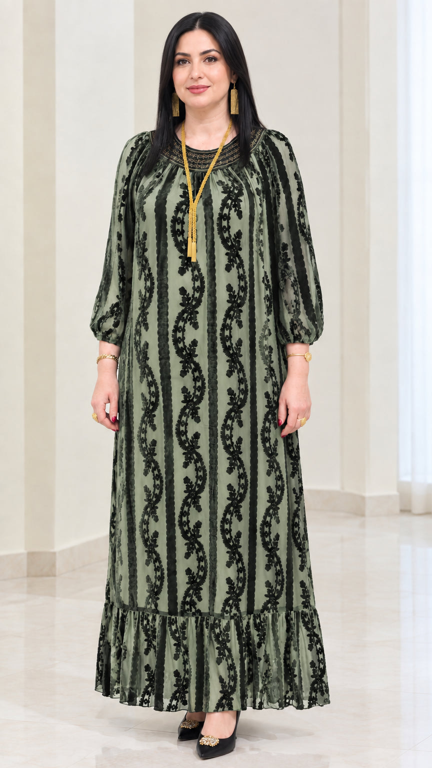 Sage green burnout velvet long sleeve modest maxi dress
