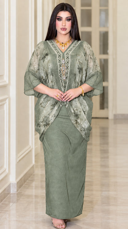 Model wearing sage green embellished chiffon kaftan maxi dress set
