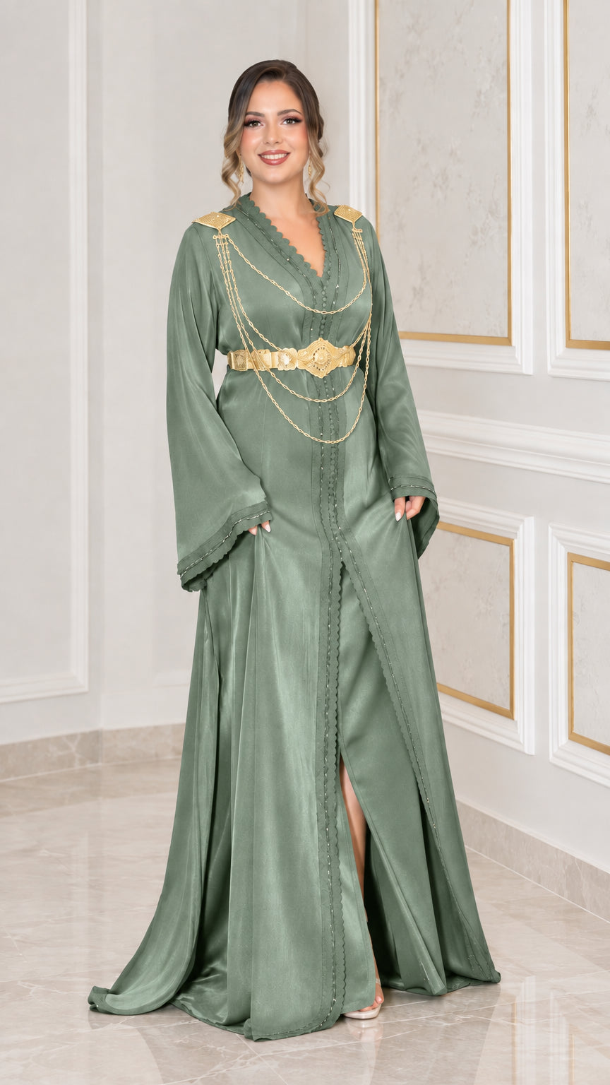 Sage green satin maxi kaftan gown with metallic gold accents
