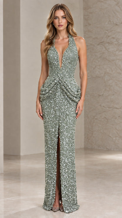 Front view of sage green beaded halter column maxi dress
