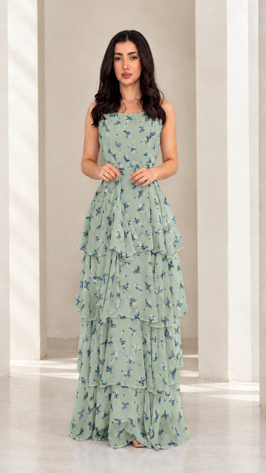 Model wearing sage green floral tiered ruffle maxi dress
