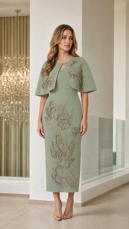 Sage green sequin floral capelet midi sheath dress for weddings