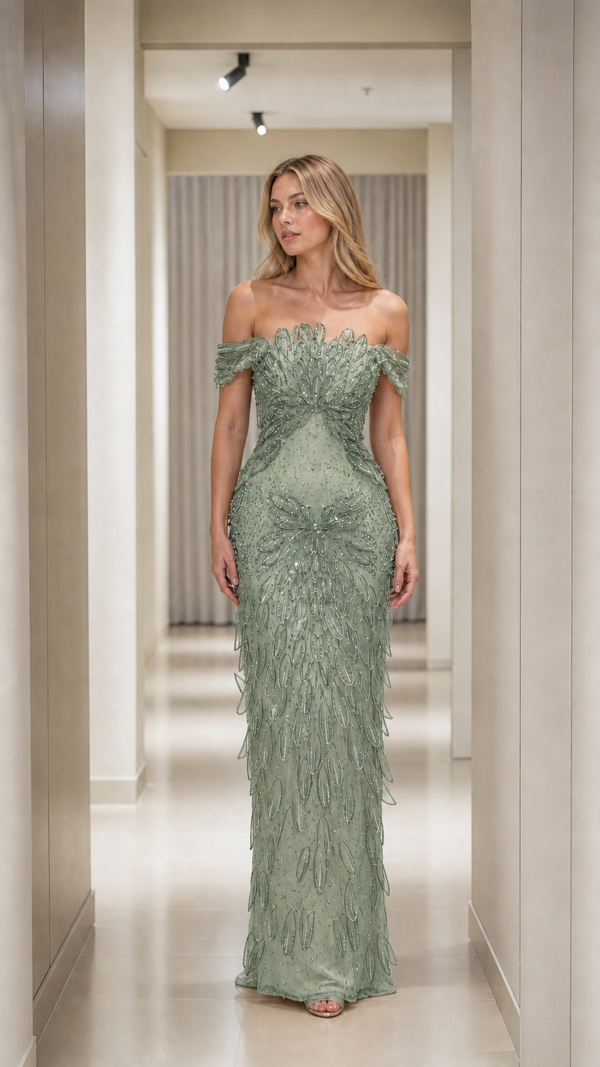 Sage Green off-the-shoulder embellished evening gown with beaded fringe skirt
