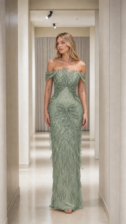 Sage Green off-the-shoulder embellished evening gown with beaded fringe skirt