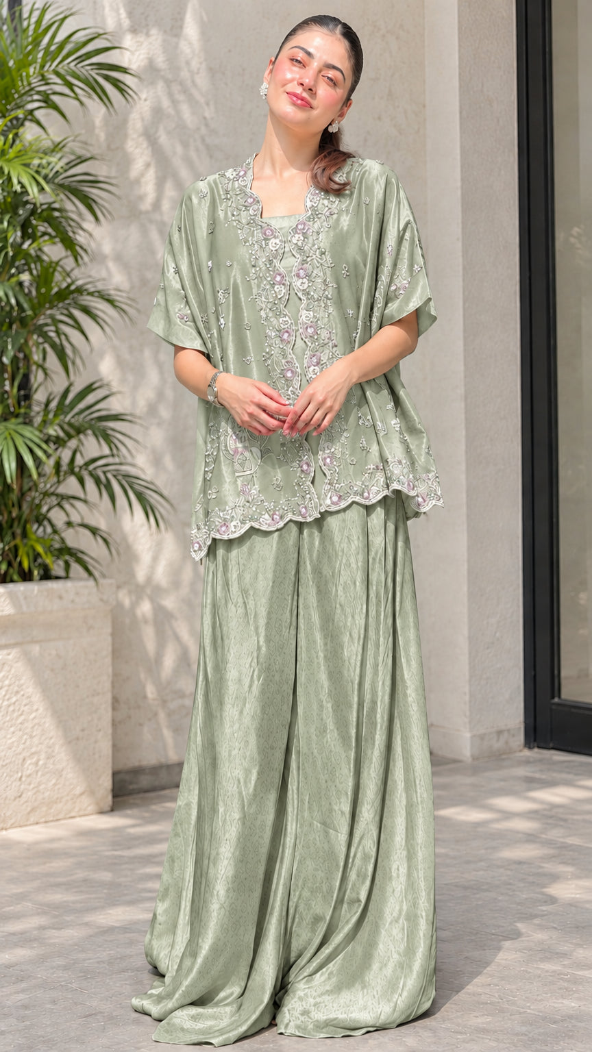 Sage Green elegant embroidered top and palazzo trousers outfit
