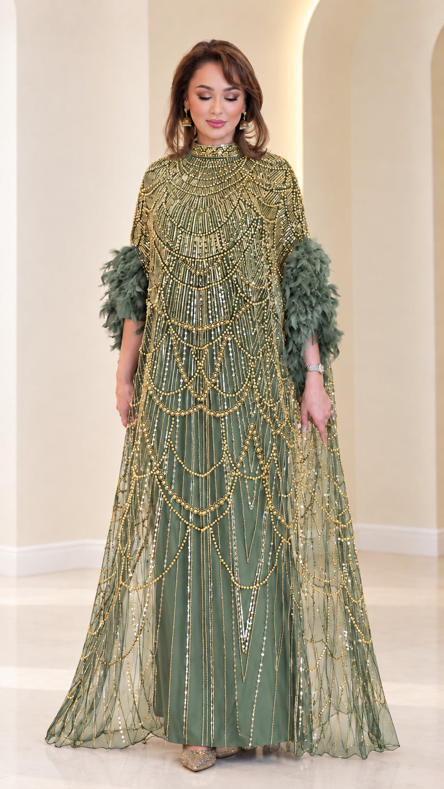 Sage green beaded cape evening maxi dress with feather cuffs