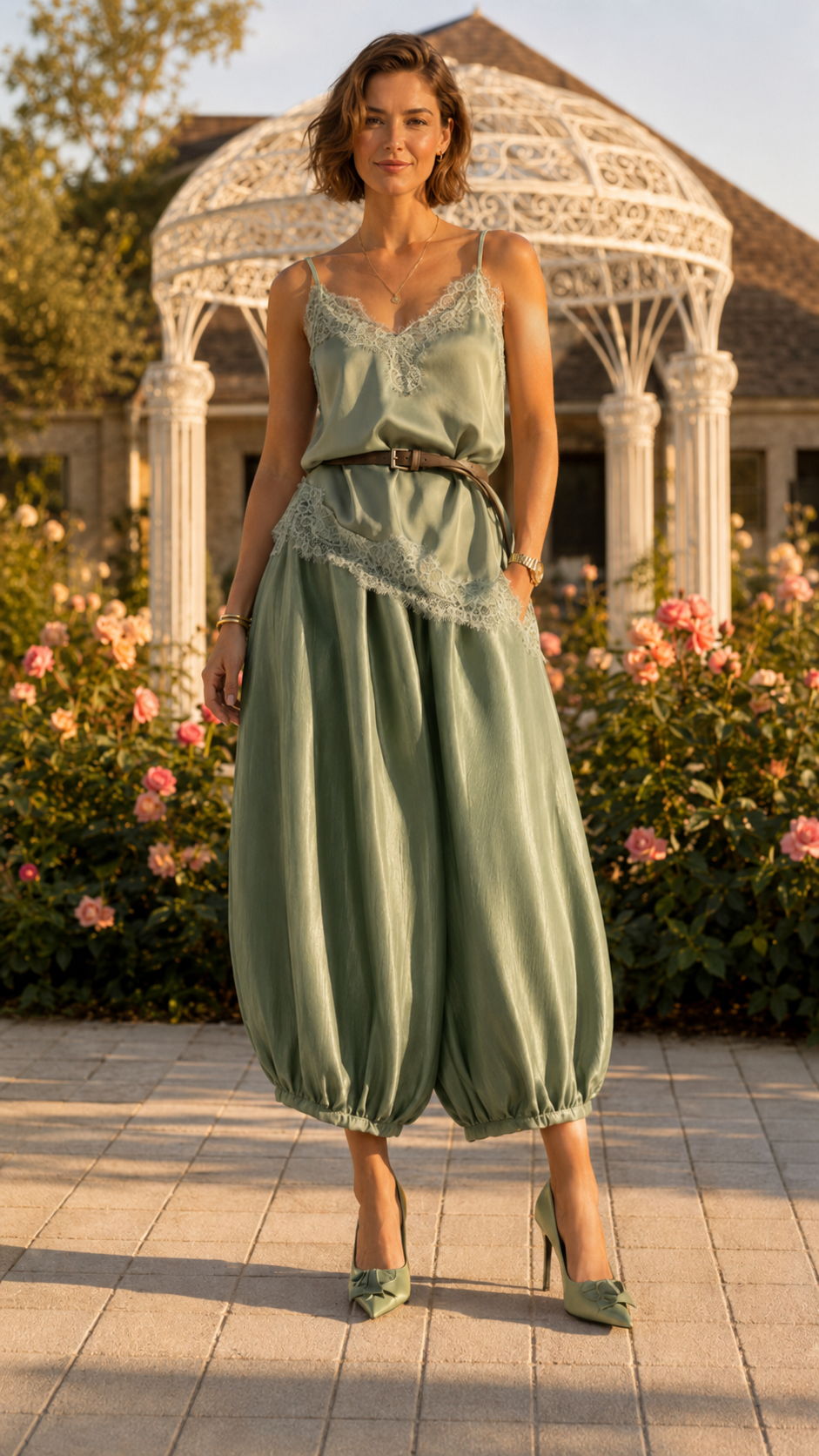 Sage green lace trim cami jumpsuit with ankle gathered balloon legs