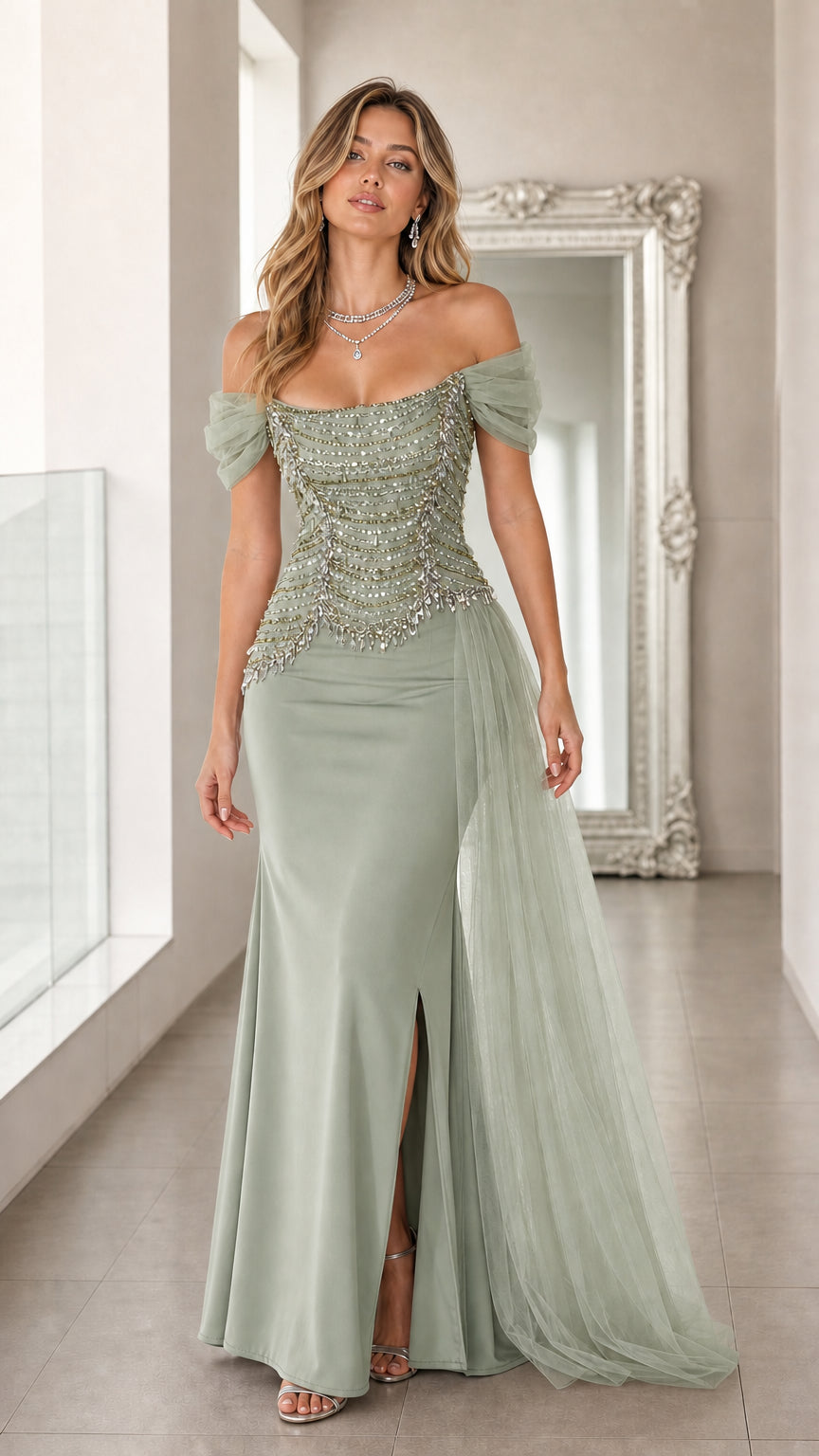 Sage Green off-the-shoulder beaded corset formal gown with side slit