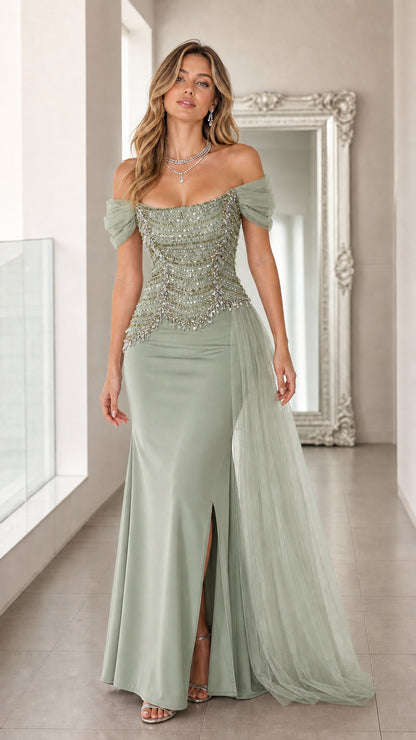 Sage Green off-the-shoulder beaded corset formal gown with side slit