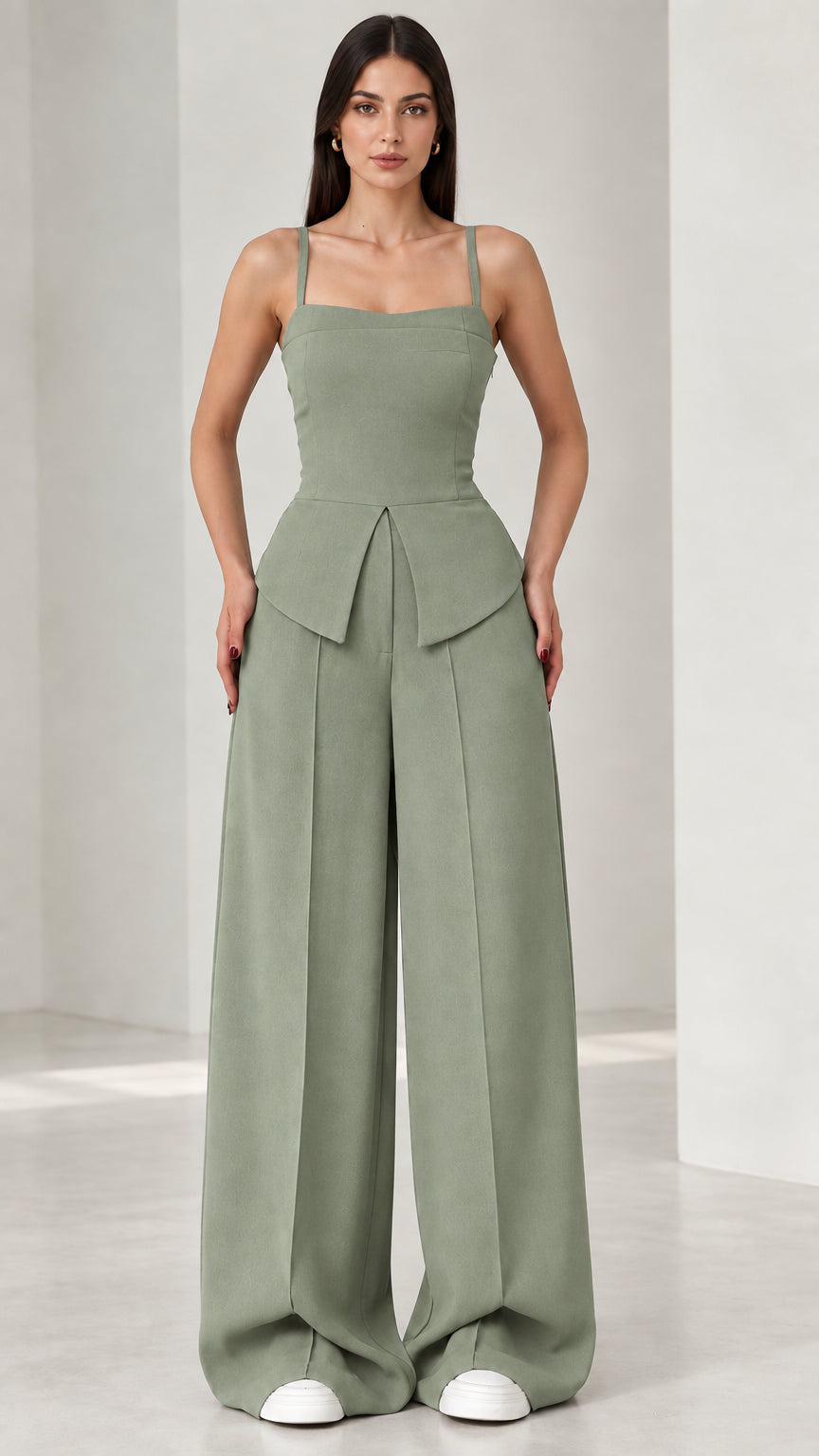 Full front view of model wearing sage green square neck peplum wide leg jumpsuit