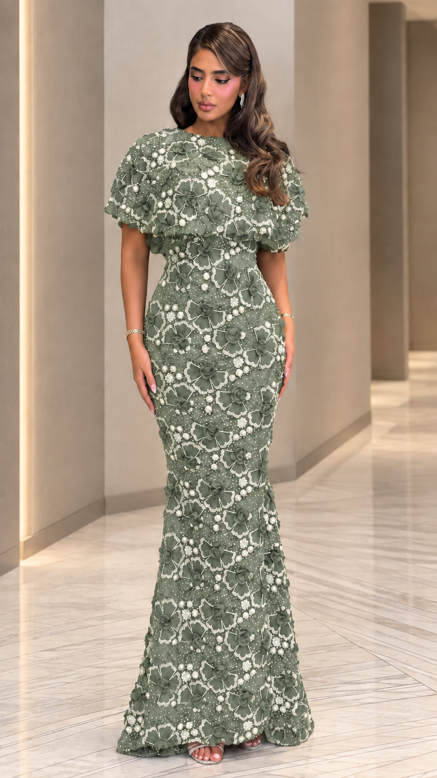 Full front view of sage green 3D floral appliqué mermaid formal maxi dress