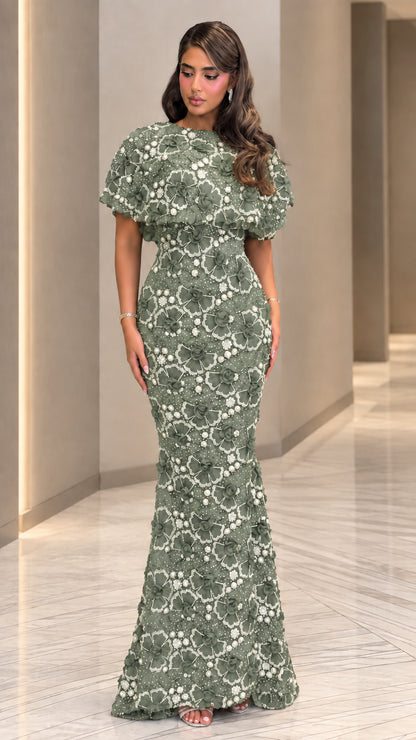 Full front view of sage green 3D floral appliqué mermaid formal maxi dress
