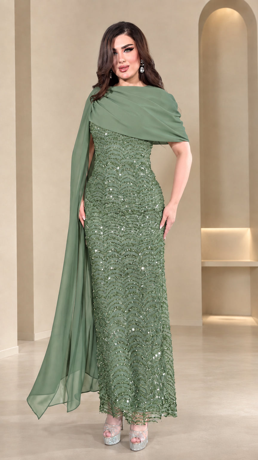 Sage Green sequin formal evening maxi dress with chiffon cape overlay