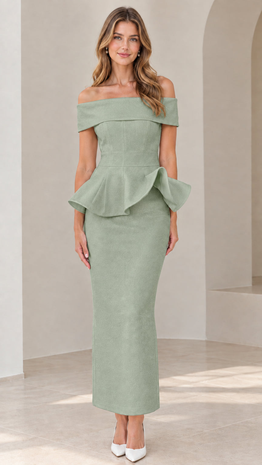 Front view of model wearing sage green off-the-shoulder peplum maxi dress