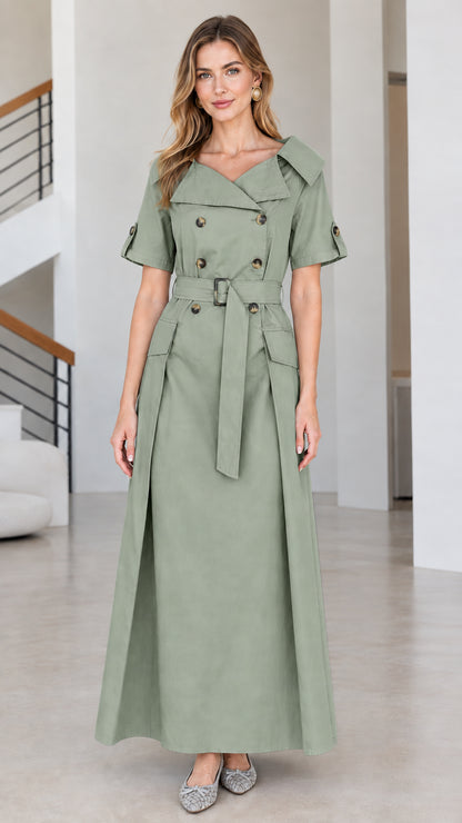 Front view of woman wearing sage green short-sleeve belted trench maxi dress