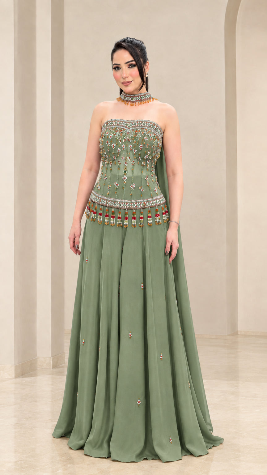 Sage green strapless formal gown with crystal embroidered bodice and choker