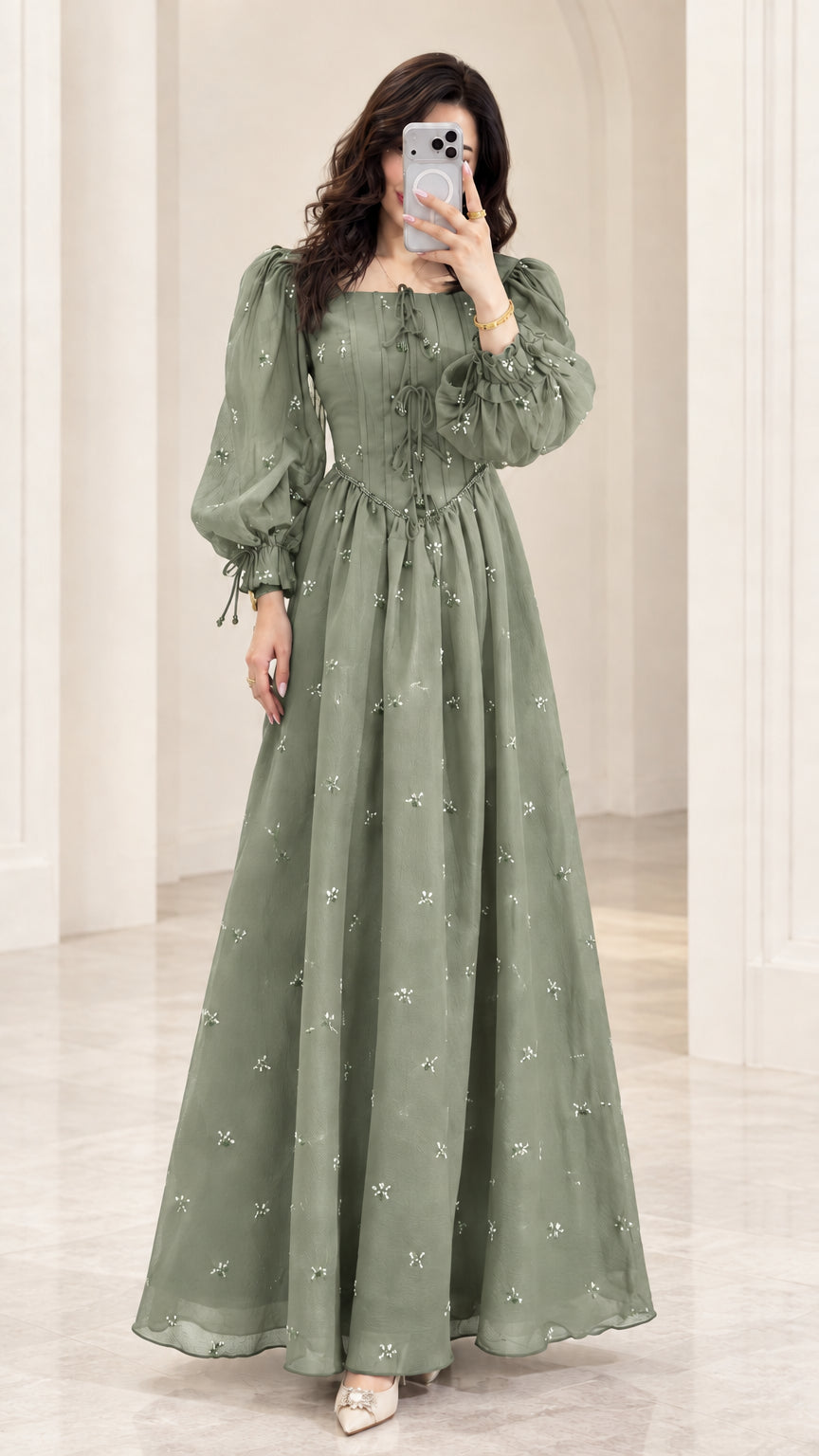 Front view of model wearing Sage Green embroidered chiffon maxi dress