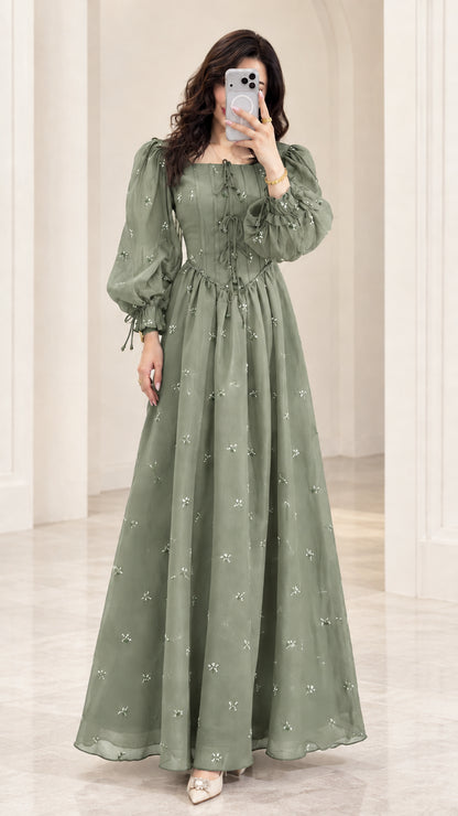 Front view of model wearing Sage Green embroidered chiffon maxi dress